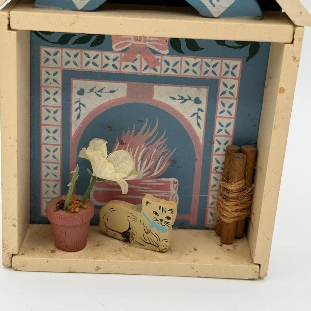 Vintage Folk Art Wooden House Shelf Diorama Welcome Cat Fireplace Decor 5